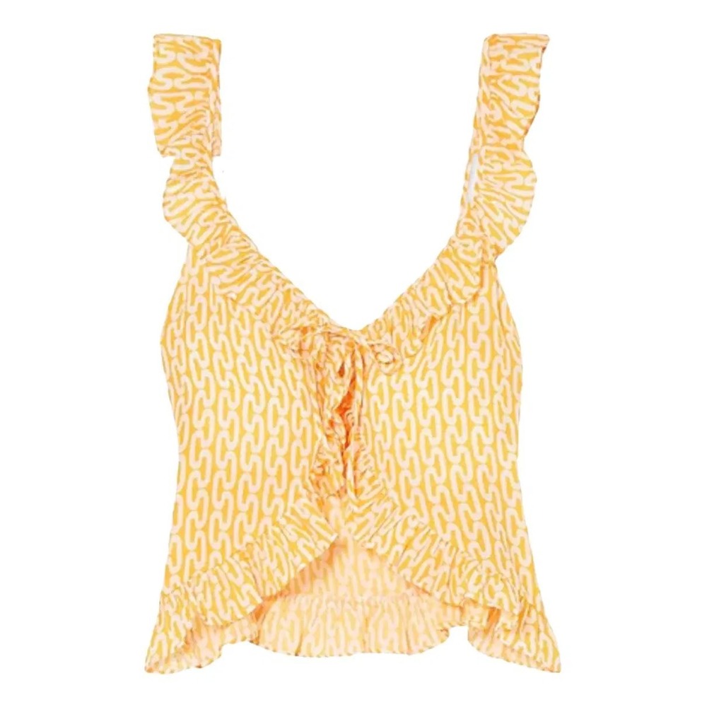 Paloma Blue Sophia Yellow White Chain Print Ruffle Front Tie Cami Crop Top Small
